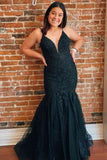 Plus Size Sexy Black V Neck Lace Spaghetti Straps Mermaid Open Back Long Prom Dresses RJS116