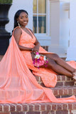 Plus Size Sheath Orange V Neck Slit Watteau Train Sequins Long Prom Dress Rjerdress