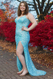 Plus Size Sheath Spaghetti Straps Blue Sequins Long Prom Dress with Split