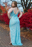 Plus Size Sheath Spaghetti Straps Blue Sequins Long Prom Dress with Split Rjerdress