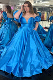 Plus Size Simple Blue Satin Puff Sleeves Strapless Lace up Floor Length Prom Dresses with Pockets Rjerdress