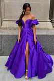 Plus Size Simple Blue Satin Puff Sleeves Strapless Lace up Floor Length Prom Dresses with Pockets Rjerdress