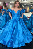 Plus Size Simple Blue Satin Puff Sleeves Strapless Lace up Floor Length Prom Dresses with Pockets