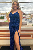 Plus Size Spaghetti Straps Blue Sequin Sweetheart Backless Long Prom Dress with Slit