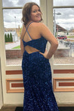Plus Size Spaghetti Straps Blue Sequin Sweetheart Backless Long Prom Dress with Slit Rjerdress