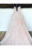 Plus Size Spaghetti Straps Floor Length Prom Dress With Appliques, Long Evening Dress Lace Up Back Rjerdress