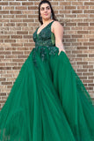 Plus Size Tulle Appliques A-Line V-Neck Prom Dresses WIth Court Train