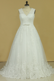 Plus Size V-Neck Bridal Dresses A-Line Court Train Tulle With Applique & Belt Covered Button