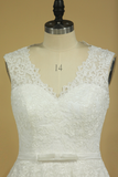 Plus Size V-Neck Bridal Dresses A-Line Court Train Tulle With Applique & Belt Covered Button Rjerdress