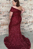 Plus Size Wine Red Sequin Off The Shoulder Mermaid Long Prom Evening Dress Rjerdress