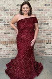 Plus Size Wine Red Sequin Off The Shoulder Mermaid Long Prom Evening Dress