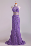 Popular Mermaid High Neck Party Dresses Lace With Beads Sweep Train Purple Rjerdress
