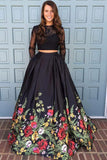 Pretty 2 Pieces Long Sleeves Open Back Black Lace Satin Wedding Guest Dresses