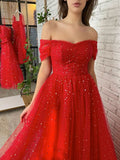 Pretty A Line Red Long Off The Shoulder Prom Dresses With Sequins Rjerdress