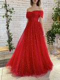 Pretty A Line Red Long Off The Shoulder Prom Dresses With Sequins