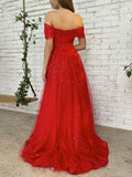 Pretty A Line Red Long Off The Shoulder Prom Dresses With Sequins Rjerdress