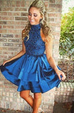 Pretty A-line High Neck Above-knee Beaded Dark Blue Backless Short Homecoming Dresses RJS165 Rjerdress