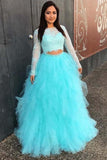 Pretty Ball Gonw Long Sleeves Two Piece Lace Tulle Princess Prom Dresses
