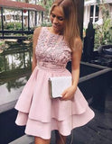 Pretty Bateau Short Blush Pink Scoop Satin Lace Appliques Homecoming Dresses RJS16 Rjerdress
