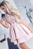 Pretty Bateau Short Blush Pink Scoop Satin Lace Appliques Homecoming Dresses RJS16