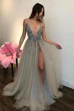Pretty Deep V-Neck Long Beading Tulle A-Line Gray Prom Dresses, Straps Long Formal Dress