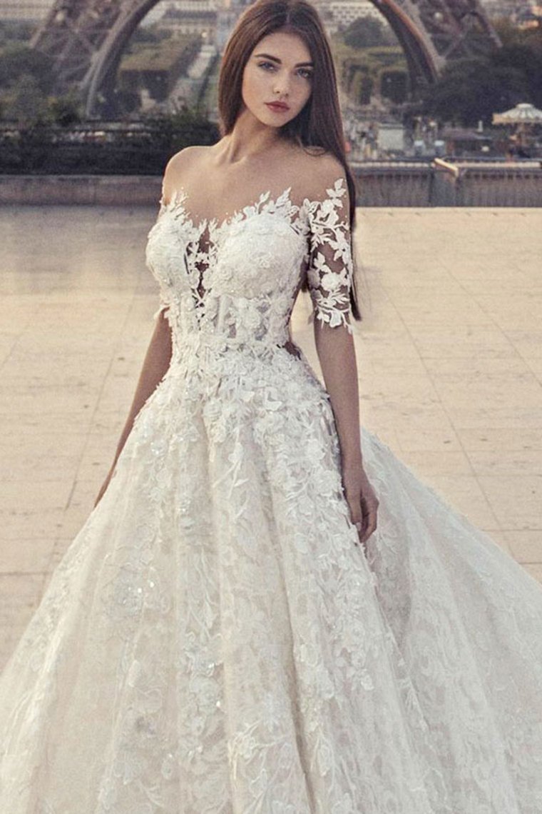 Pretty Half Sleeves Ivory Lace Ball Gown Wedding Dresses Modest
