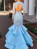 Pretty Long Sleeves Light Blue Long Mermaid Lace Prom Dresses Evening Dresses Rjerdress