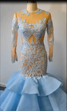 Pretty Long Sleeves Light Blue Long Mermaid Lace Prom Dresses Evening Dresses Rjerdress
