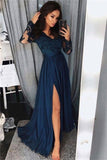 Pretty Long Sleevesl Navy Blue Lace Front Split Prom Dresses Women Dresses Rjerdress