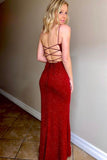 Pretty Mermaid Spaghetti Straps Simple Side Split Long Prom Dresses, Sequin Evening Dress Rjerdress