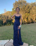 Pretty Mermaid Spaghetti straps Navy Blue Sequin With Slit Modest Cheap Prom Dresses