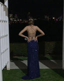 Pretty Mermaid Spaghetti straps Navy Blue Sequin With Slit Modest Cheap Prom Dresses Rjerdress
