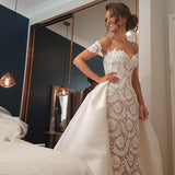 Pretty Of The Shoulder Lace Satin Long Wedding Dresses Wedding Gowns Rjerdress