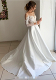 Pretty Open Back Long Lace Satin Elegant Sweep Train Wedding Dresses Rjerdress