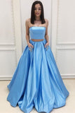 Pretty Two Piece Long A-Line Blue Strapless Prom Dresses With Pockets Rjerdress