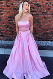 Pretty Two Piece Long A-Line Blue Strapless Prom Dresses With Pockets Rjerdress