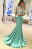 Pretty Two Pieces High Neck Long Sleeve Lace Prom Dress Sexy Mermaid Prom Dresses RJS682