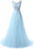 Pretty tulle lace round neck A-line open back long prom dress Rjerdress