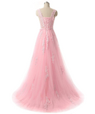 Pretty tulle lace round neck A-line open back long prom dress Rjerdress
