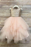 Princess A Line Gold Sequin Round Neck Blush Pink Cute Tulle Baby Flower Girl Dress Rjerdress