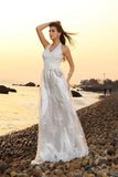 Princess A-Line Halter Belt Sleeveless Long Lace Sweetheart Beach Wedding Dresses RJS561 Rjerdress