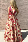 Princess A Line Lace V Neck Red Floral Sexy Long Prom Dresses Simple Evening Dresses P1014 Rjerdress
