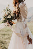 Princess A Line Long Sleeve Rustic Scoop Lace Appliques Tulle Ivory Beach Wedding Dress Rjerdress