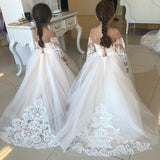 Princess A-Line Round Neck Tulle Long Sleeves Bowknot Flower Girl Dress with Appliques Rjerdress