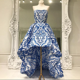 Princess A Line Strapless High Low Blue Homecoming Dresses Print Long Party Dress H1101 Rjerdress