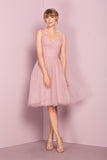 Princess A-line Knee Length Short Pink V Neck Tulle Homecoming Dress Cocktail Dress