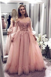 Princess Ball Gown Blush Pink Lace Off the Shoulder Prom Dresses With Long Sleeves P1098 Rjerdress