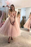 Princess Ball Gown Pink Tulle Off the Shoulder Lace up Homecoming Dresses with Bowknot H1228 Rjerdress