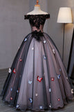 Princess Black Off the Shoulder Butterfly Appliqued Prom Dresses Quinceanera Dresses RJS886