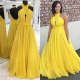Princess Chiffon A-line Halter Long Yellow Backless Sleeveless Prom Dresses UK RJS423 Rjerdress